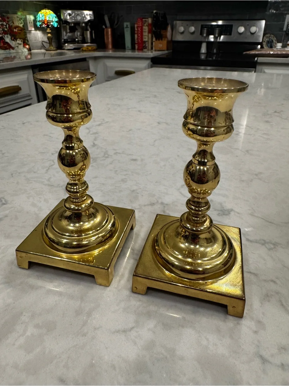 Vintage 1960s/1970s Brass Candlesticks Pair 5” Square Base Traditional Decor